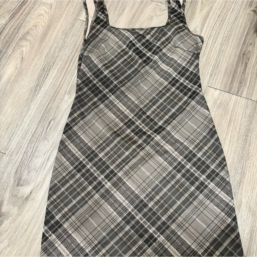 Plaid Square-Neck Slip Dress in Gray and Black